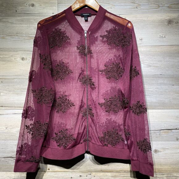 Torrid Mesh Bomber Jacket Red Burgundy Zip-Up Sheer Womens 1X Embroidered Floral - Picture 3 of 10